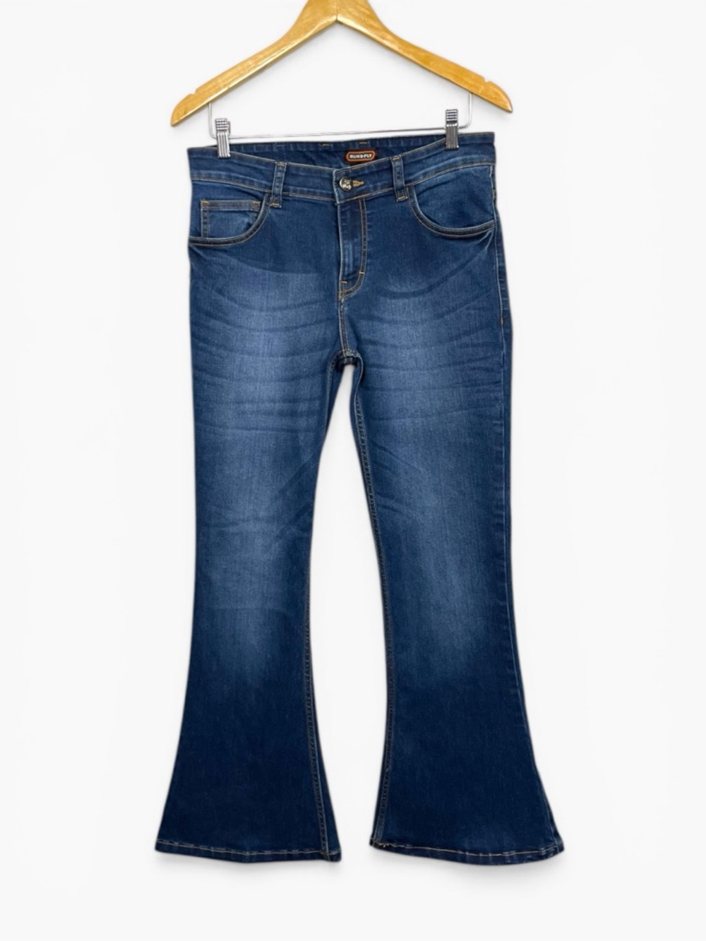 Men’s Dark Blue Flared hippie Jeans - run and fly rainbow size 32S